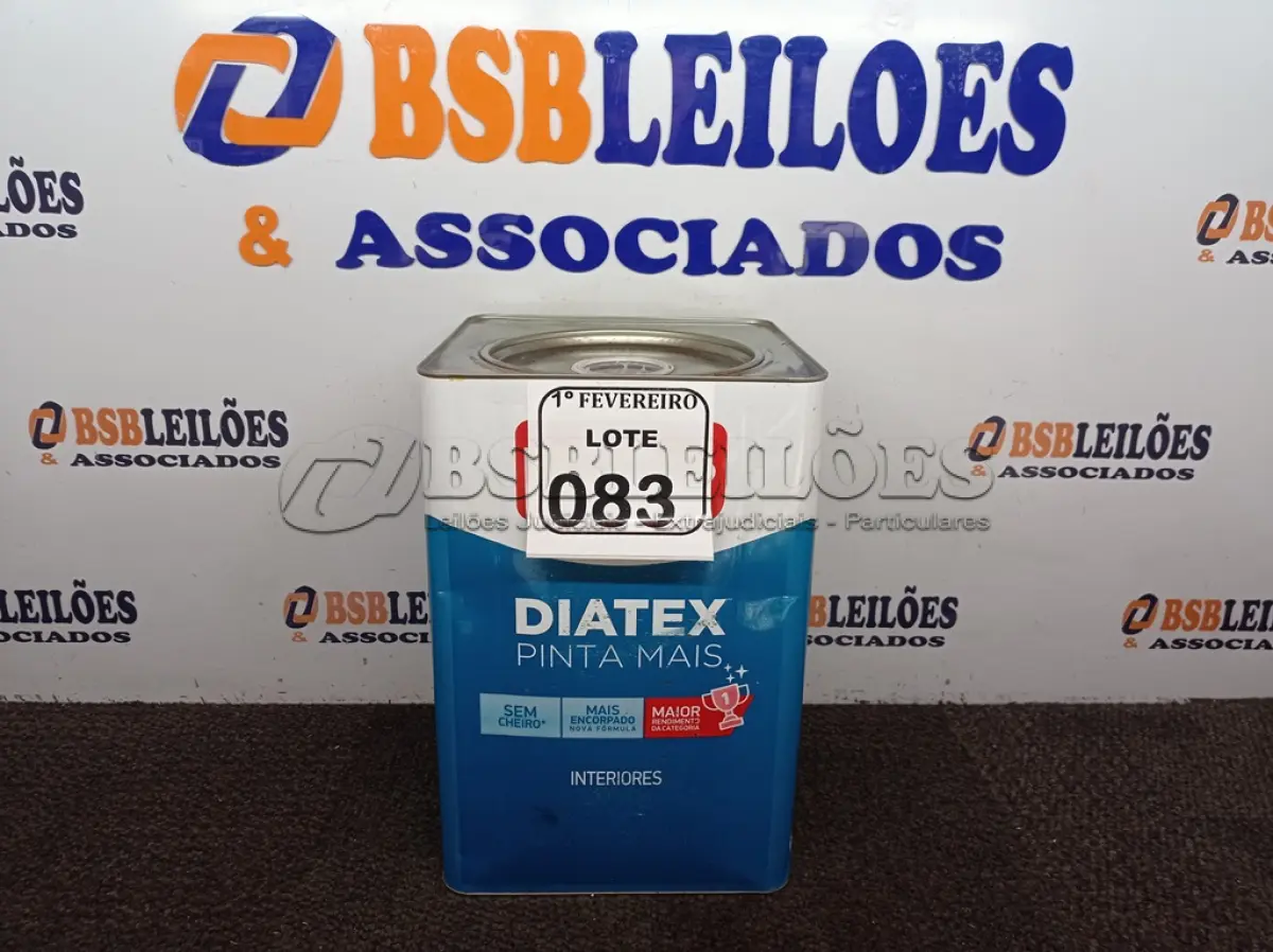 LOTE 083 - 01 LATA DE TINTA IQUINE DIATEX PINTA MAIS INTERIORES DE 16/18L NA COR BASE. (NOVO) (NO ESTADO) ATENÇÃO! FAZER A VISITAÇÃO ANTES DE ARREMATAR, NÃO SABEMOS SE FUNCIONA. LEILÃO NÃO TEM GARANTIA E NEM DEVOLUÇÃO, SUJEITO A POSSÍVEIS AVARIAS VISÍVEIS/OCULTAS E/OU AUSÊNCIA DE COMPONENTES.