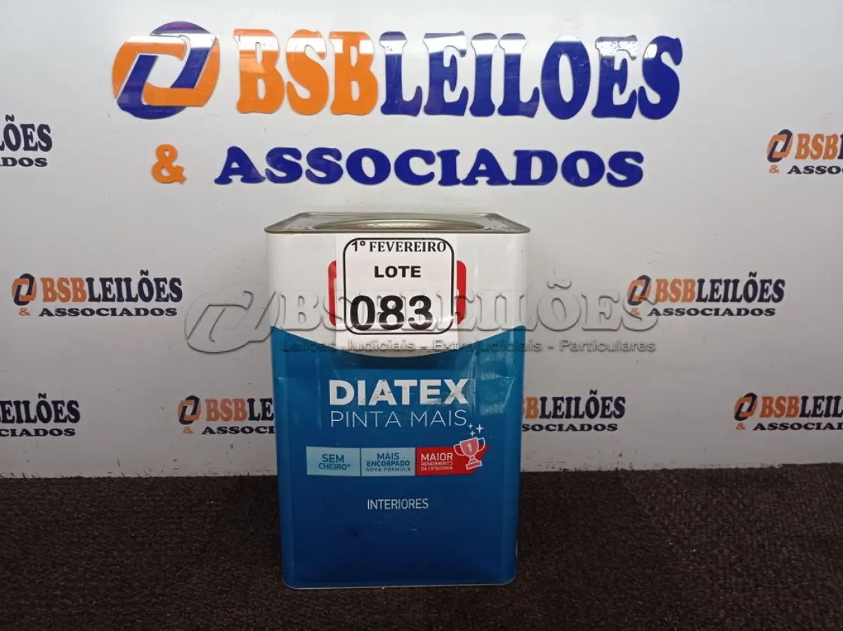 LOTE 083 - 01 LATA DE TINTA IQUINE DIATEX PINTA MAIS INTERIORES DE 16/18L NA COR BASE. (NOVO) (NO ESTADO) ATENÇÃO! FAZER A VISITAÇÃO ANTES DE ARREMATAR, NÃO SABEMOS SE FUNCIONA. LEILÃO NÃO TEM GARANTIA E NEM DEVOLUÇÃO, SUJEITO A POSSÍVEIS AVARIAS VISÍVEIS/OCULTAS E/OU AUSÊNCIA DE COMPONENTES.