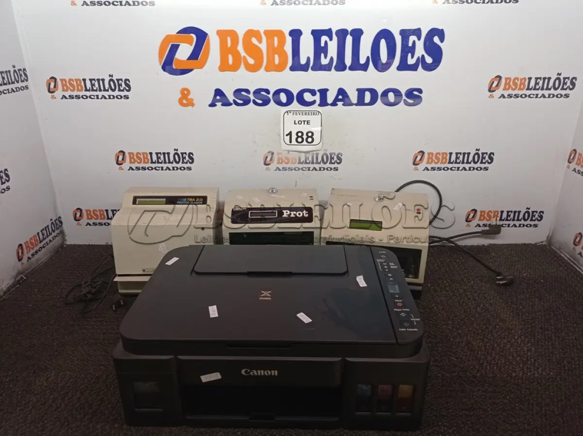 LOTE 188 - 01 IMPRESSORA MARCA CANON G3110 E 03 RELÓGIOS DE PONTO MARCA HENRY. (NO ESTADO) ATENÇÃO! FAZER A VISITAÇÃO ANTES DE ARREMATAR, NÃO SABEMOS SE FUNCIONA. LEILÃO NÃO TEM GARANTIA E NEM DEVOLUÇÃO, SUJEITO A POSSÍVEIS AVARIAS VISÍVEIS/OCULTAS E/OU AUSÊNCIA DE COMPONENTES.