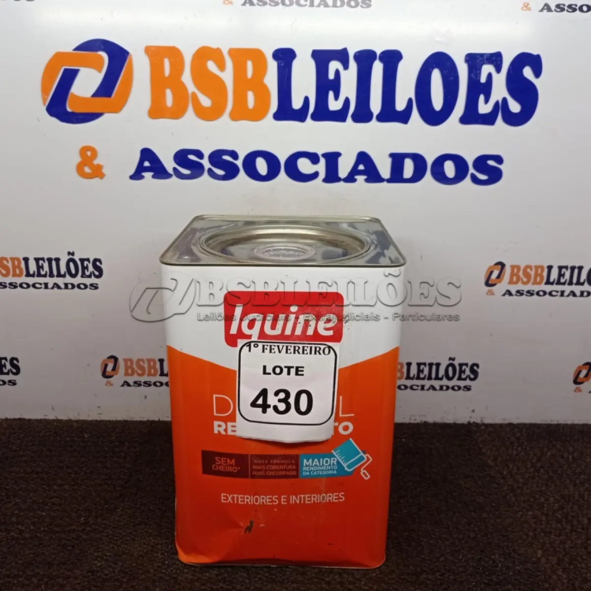 LOTE 430 - 01 LATA DE TINTA IQUINE DELANIL BASE  FOSCO 18L.  (NO ESTADO) ATENÇÃO! FAZER A VISITAÇÃO ANTES DE ARREMATAR, NÃO SABEMOS SE FUNCIONA. LEILÃO NÃO TEM GARANTIA E NEM DEVOLUÇÃO, SUJEITO A POSSÍVEIS AVARIAS VISÍVEIS/OCULTAS E/OU AUSÊNCIA DE COMPONENTES.