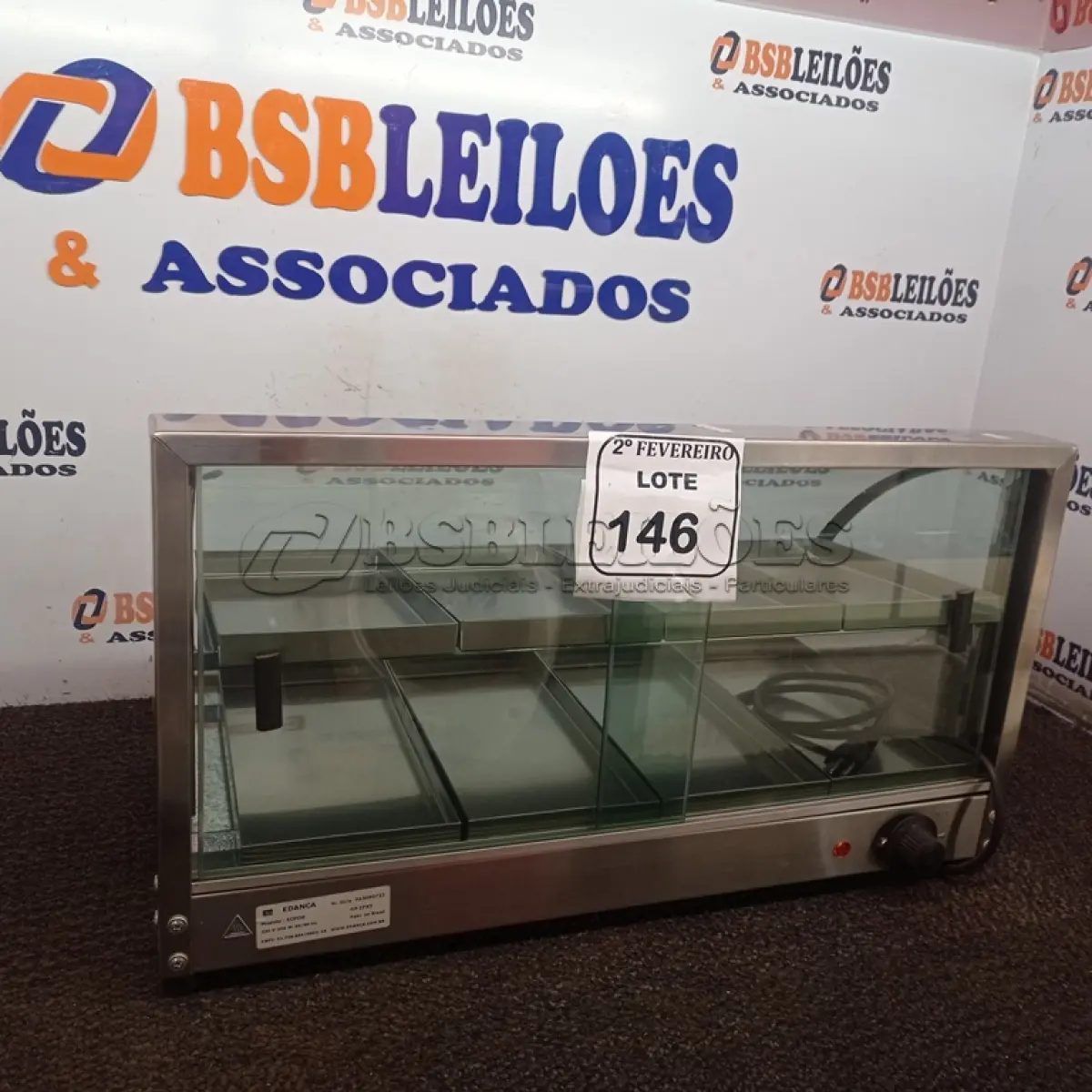 LOTE 146 - 01 ESTUFA PARA SALGADOS COM 08 BANDEJAS. (NO ESTADO) ATENÇÃO! FAZER A VISITAÇÃO ANTES DE ARREMATAR, NÃO SABEMOS SE FUNCIONA. LEILÃO NÃO TEM GARANTIA E NEM DEVOLUÇÃO, SUJEITO A POSSÍVEIS AVARIAS VISÍVEIS/OCULTAS E/OU AUSÊNCIA DE COMPONENTES.