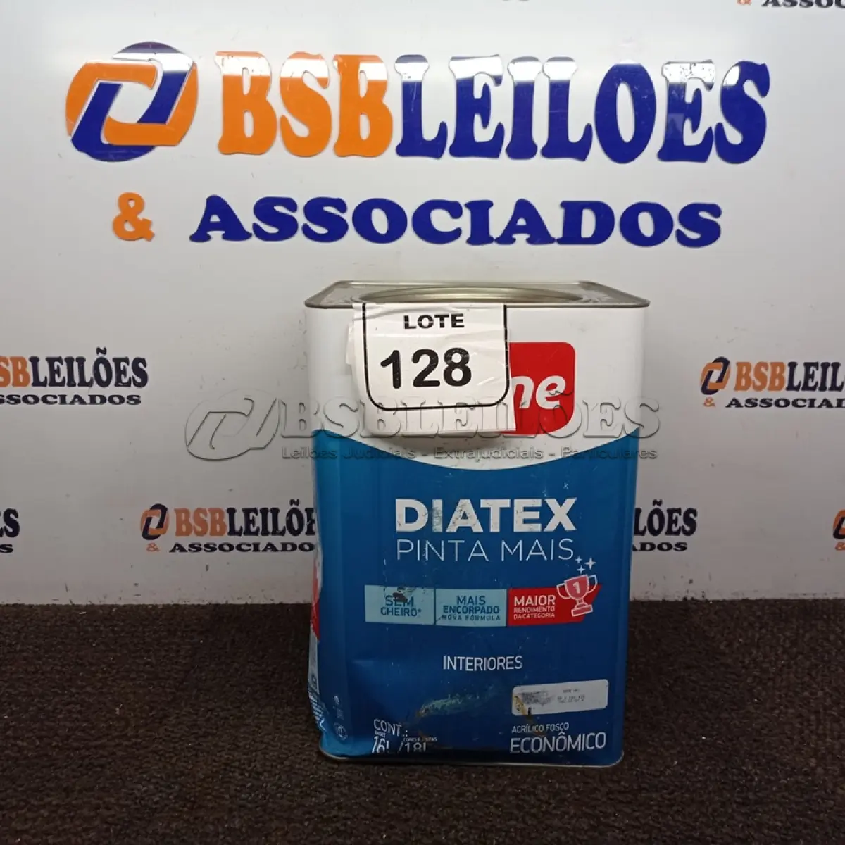 LOTE 128 - 01 LATA DE TINTA BASE P DE 18L INTERIOR DIATEX IQUINE. (NOVO) (NO ESTADO) ATENÇÃO! FAZER A VISITAÇÃO ANTES DE ARREMATAR, NÃO SABEMOS SE FUNCIONA. LEILÃO NÃO TEM GARANTIA E NEM DEVOLUÇÃO, SUJEITO A POSSÍVEIS AVARIAS VISÍVEIS/OCULTAS E/OU AUSÊNCIA DE COMPONENTES.