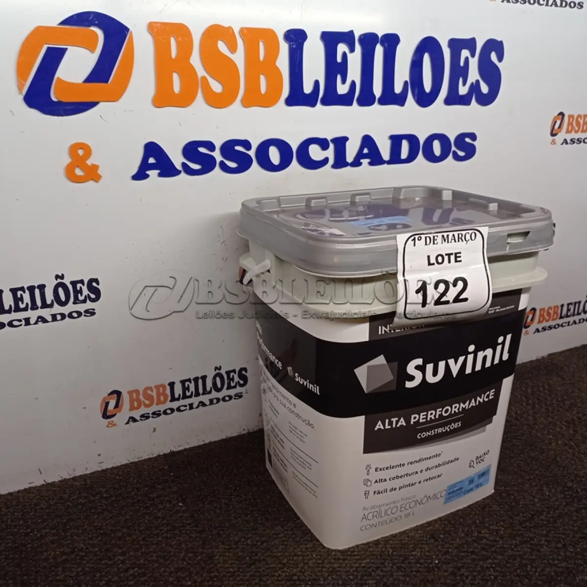 LOTE 122 - 01 GALÃO DE TINTA SUVINIL DE 18L PARA INTERIORES ACABAMENTO FOSCO BRANCO. (NOVO) (NO ESTADO) ATENÇÃO! FAZER A VISITAÇÃO ANTES DE ARREMATAR, NÃO SABEMOS SE FUNCIONA. LEILÃO NÃO TEM GARANTIA E NEM DEVOLUÇÃO, SUJEITO A POSSÍVEIS AVARIAS VISÍVEIS/OCULTAS E/OU AUSÊNCIA DE COMPONENTES.