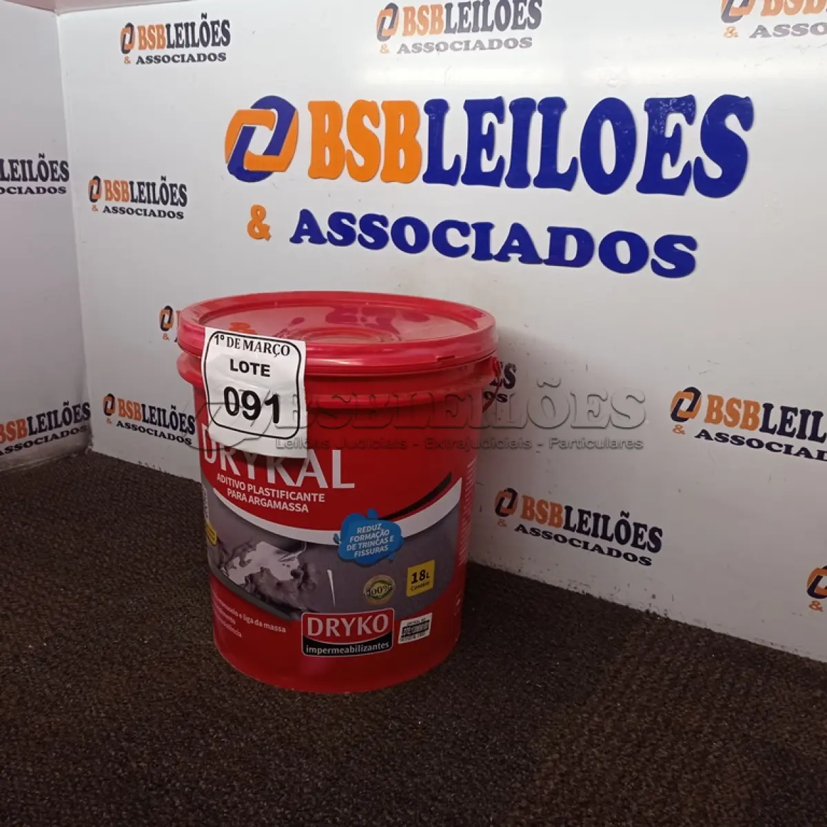 LOTE 091 - 01 GALÃO DE 18L DE ADITIVO PLASTIFICANTE PARA ARGAMASSA MARCA DRYKAL. (NOVO) (NO ESTADO) ATENÇÃO! FAZER A VISITAÇÃO ANTES DE ARREMATAR, NÃO SABEMOS SE FUNCIONA. LEILÃO NÃO TEM GARANTIA E NEM DEVOLUÇÃO, SUJEITO A POSSÍVEIS AVARIAS VISÍVEIS/OCULTAS E/OU AUSÊNCIA DE COMPONENTES.