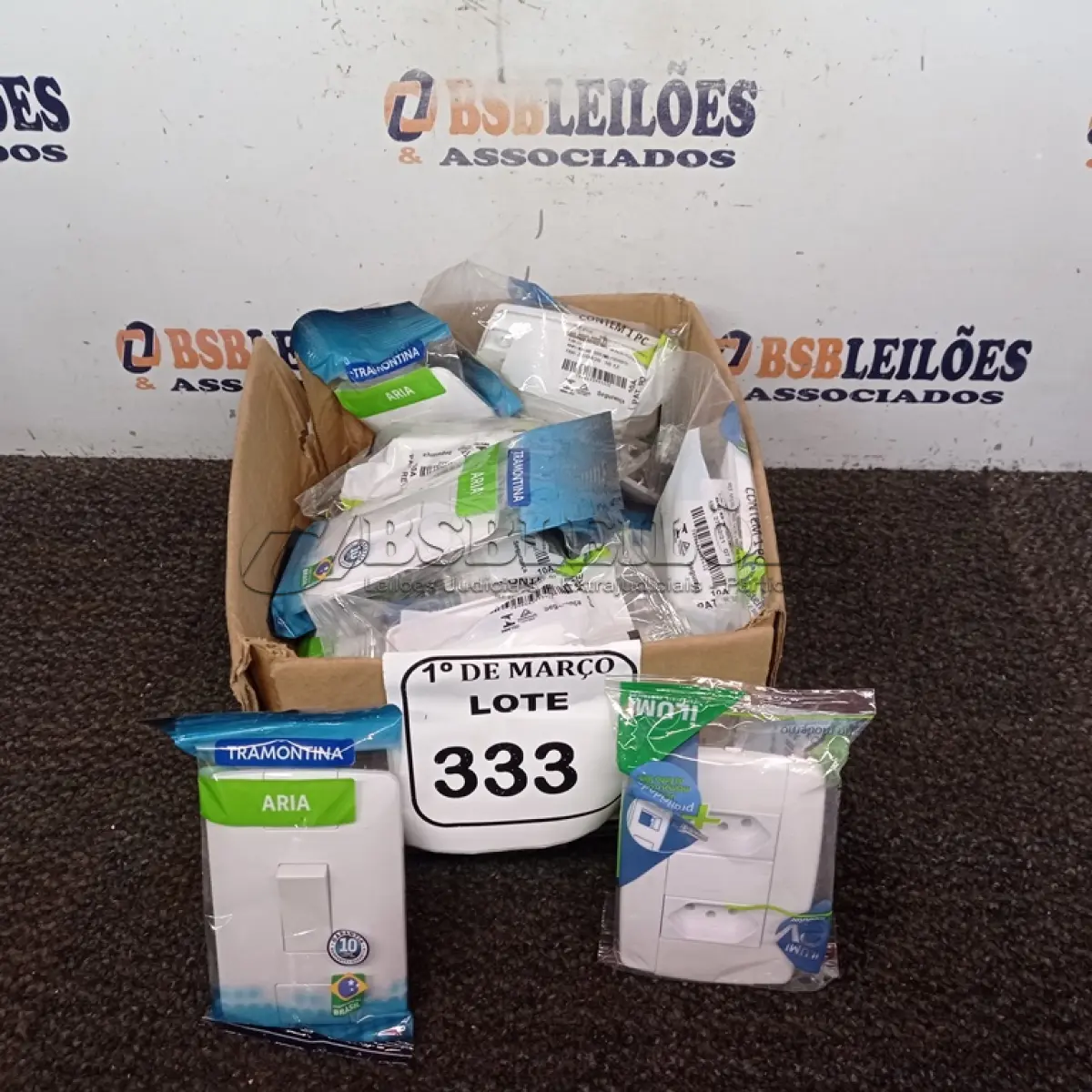 LOTE 333 - 01 LOTE COM INTERRUPTORES E TOMADAS PARA PAREDE. (NOVO). (NO ESTADO) ATENÇÃO! FAZER A VISITAÇÃO ANTES DE ARREMATAR, NÃO SABEMOS SE FUNCIONA. LEILÃO NÃO TEM GARANTIA E NEM DEVOLUÇÃO, SUJEITO A POSSÍVEIS AVARIAS VISÍVEIS/OCULTAS E/OU AUSÊNCIA DE COMPONENTES.