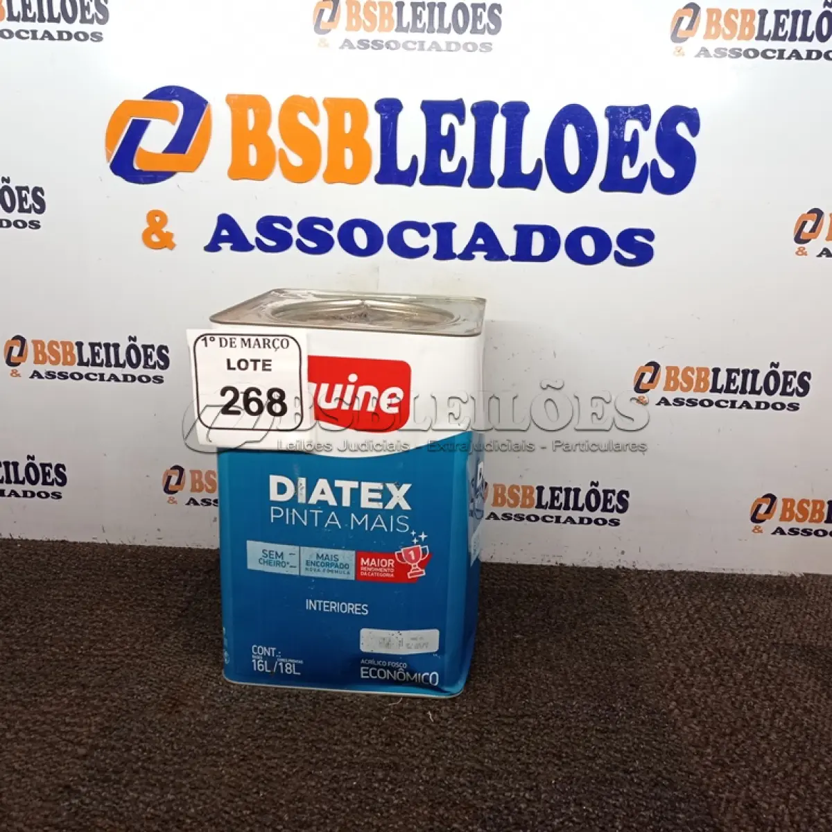 LOTE 268 - 01 LATA DE TINTA 16L/ 18L INTERIORES/EXTERIORES ACRÍLICO FOSCO IQUINE BASE P. (NOVO) (NO ESTADO) ATENÇÃO! FAZER A VISITAÇÃO ANTES DE ARREMATAR, NÃO SABEMOS SE FUNCIONA. LEILÃO NÃO TEM GARANTIA E NEM DEVOLUÇÃO, SUJEITO A POSSÍVEIS AVARIAS VISÍVEIS/OCULTAS E/OU AUSÊNCIA DE COMPONENTES.