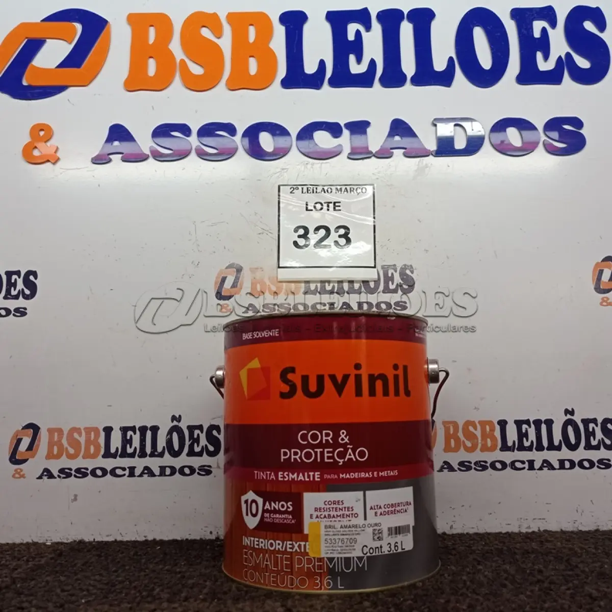 LOTE 323 - 01 LATA DE TINTA ESMALTE SINTÉTICO PARA MADEIRA E METAL 3,6L NA COR BRILHANTE AMARELO OURO MARCA SUVINIL (NOVO). (NO ESTADO) ATENÇÃO! FAZER A VISITAÇÃO ANTES DE ARREMATAR, NÃO SABEMOS SE FUNCIONA. LEILÃO NÃO TEM GARANTIA E NEM DEVOLUÇÃO, SUJEITO A POSSÍVEIS AVARIAS VISÍVEIS/OCULTAS E/OU AUSÊNCIA DE COMPONENTES.