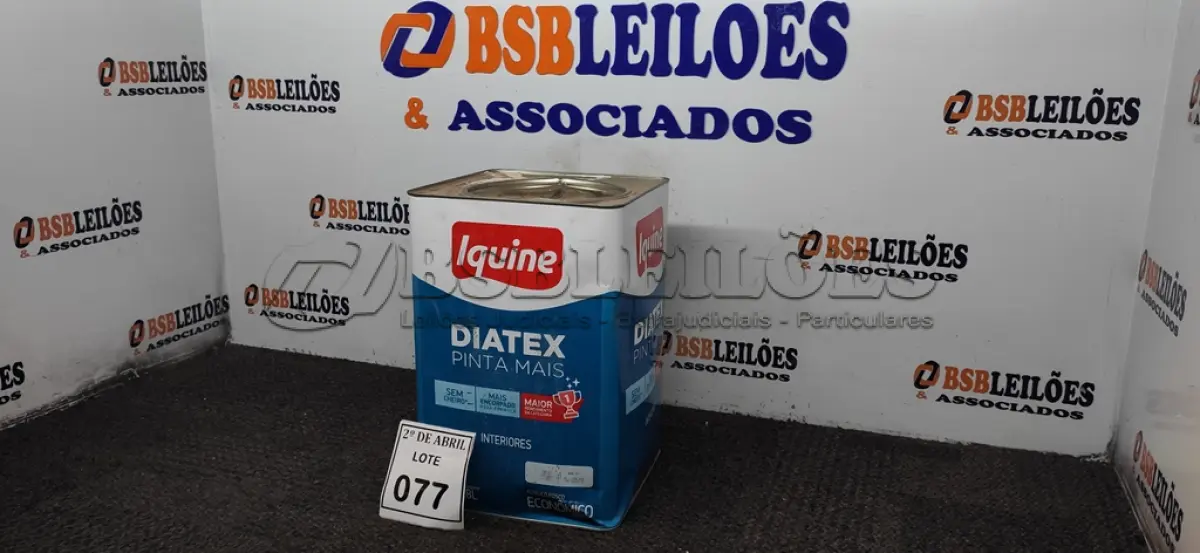 LOTE 077 - 01 LATA DE TINTA 16L/ 18L INTERIORES/EXTERIORES ACRÍLICO FOSCO IQUINE BASE P. (NOVO) (NO ESTADO) ATENÇÃO! FAZER A VISITAÇÃO ANTES DE ARREMATAR, NÃO SABEMOS SE FUNCIONA. LEILÃO NÃO TEM GARANTIA E NEM DEVOLUÇÃO, SUJEITO A POSSÍVEIS AVARIAS VISÍVEIS/OCULTAS E/OU AUSÊNCIA DE COMPONENTES.