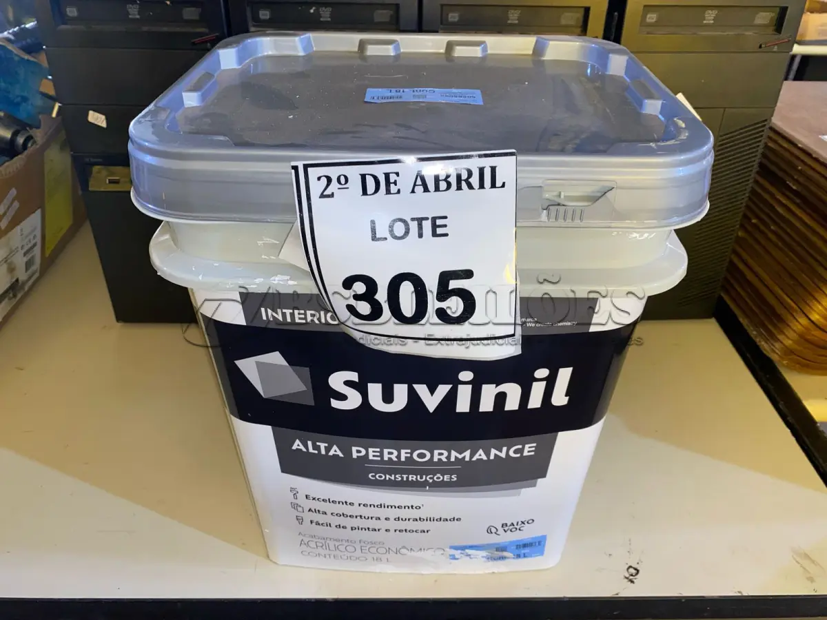 LOTE 305 - 01 GALÃO DE TINTA SUVINIL DE 18L PARA INTERIORES ACABAMENTO FOSCO BRANCO. (NOVO) (NO ESTADO) ATENÇÃO! FAZER A VISITAÇÃO ANTES DE ARREMATAR, NÃO SABEMOS SE FUNCIONA. LEILÃO NÃO TEM GARANTIA E NEM DEVOLUÇÃO, SUJEITO A POSSÍVEIS AVARIAS VISÍVEIS/OCULTAS E/OU AUSÊNCIA DE COMPONENTES.