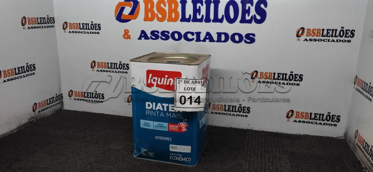 LOTE 014 - 01 LATA DE TINTA 16L/ 18L INTERIORES/EXTERIORES ACRÍLICO FOSCO IQUINE BASE P. (NOVO) (NO ESTADO) ATENÇÃO! FAZER A VISITAÇÃO ANTES DE ARREMATAR, NÃO SABEMOS SE FUNCIONA. LEILÃO NÃO TEM GARANTIA E NEM DEVOLUÇÃO, SUJEITO A POSSÍVEIS AVARIAS VISÍVEIS/OCULTAS E/OU AUSÊNCIA DE COMPONENTES.
