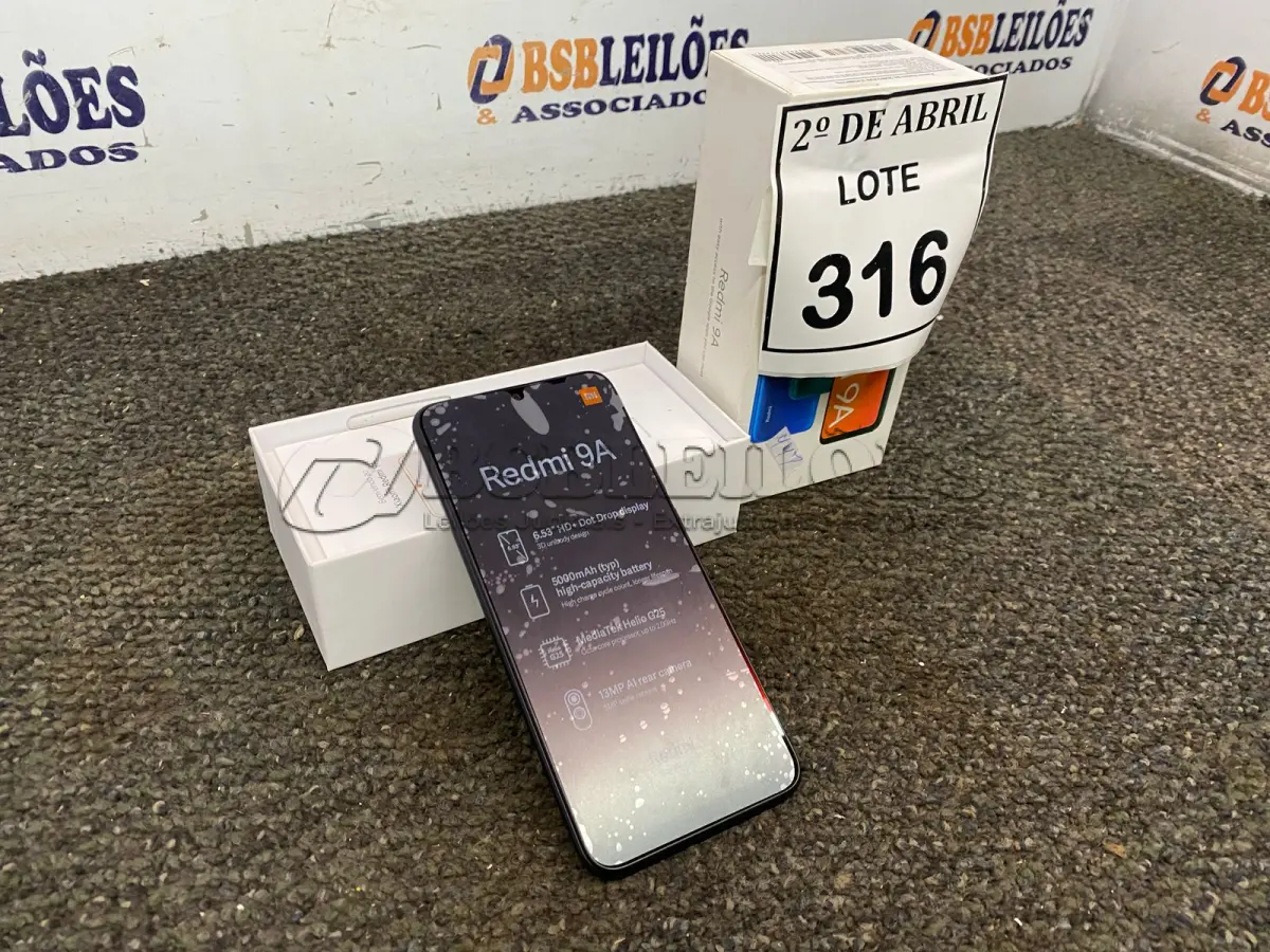 LOTE 316 - 01 CELULAR READMI 9A. (NO ESTADO) ATENÇÃO! FAZER A VISITAÇÃO ANTES DE ARREMATAR, NÃO SABEMOS SE FUNCIONA. LEILÃO NÃO TEM GARANTIA E NEM DEVOLUÇÃO, SUJEITO A POSSÍVEIS AVARIAS VISÍVEIS/OCULTAS E/OU AUSÊNCIA DE COMPONENTES.