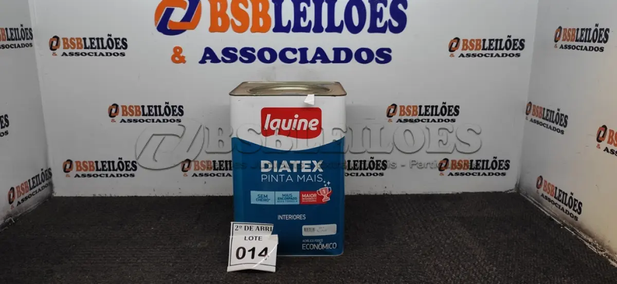LOTE 014 - 01 LATA DE TINTA 16L/ 18L INTERIORES/EXTERIORES ACRÍLICO FOSCO IQUINE BASE P. (NOVO) (NO ESTADO) ATENÇÃO! FAZER A VISITAÇÃO ANTES DE ARREMATAR, NÃO SABEMOS SE FUNCIONA. LEILÃO NÃO TEM GARANTIA E NEM DEVOLUÇÃO, SUJEITO A POSSÍVEIS AVARIAS VISÍVEIS/OCULTAS E/OU AUSÊNCIA DE COMPONENTES.