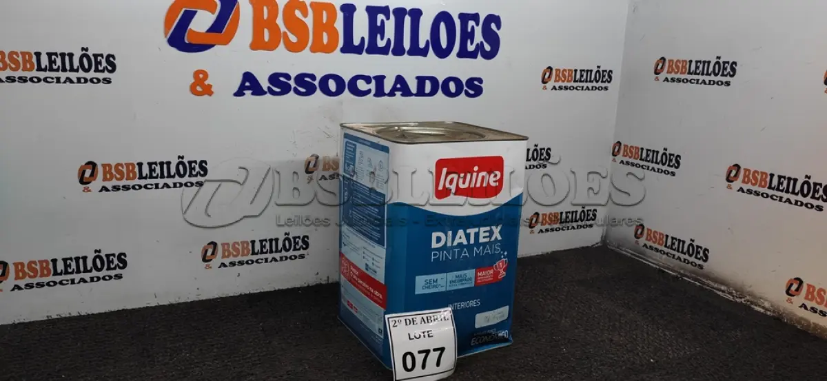 LOTE 077 - 01 LATA DE TINTA 16L/ 18L INTERIORES/EXTERIORES ACRÍLICO FOSCO IQUINE BASE P. (NOVO) (NO ESTADO) ATENÇÃO! FAZER A VISITAÇÃO ANTES DE ARREMATAR, NÃO SABEMOS SE FUNCIONA. LEILÃO NÃO TEM GARANTIA E NEM DEVOLUÇÃO, SUJEITO A POSSÍVEIS AVARIAS VISÍVEIS/OCULTAS E/OU AUSÊNCIA DE COMPONENTES.