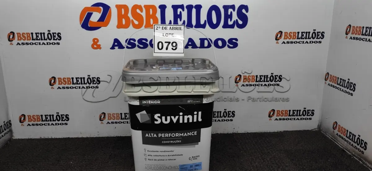 LOTE 079 - 01 GALÃO DE TINTA SUVINIL DE 18L PARA INTERIORES ACABAMENTO FOSCO BRANCO. (NOVO) (NO ESTADO) ATENÇÃO! FAZER A VISITAÇÃO ANTES DE ARREMATAR, NÃO SABEMOS SE FUNCIONA. LEILÃO NÃO TEM GARANTIA E NEM DEVOLUÇÃO, SUJEITO A POSSÍVEIS AVARIAS VISÍVEIS/OCULTAS E/OU AUSÊNCIA DE COMPONENTES.