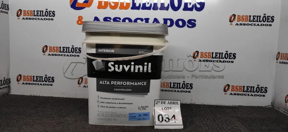 LOTE 034 - 01 BALDE DE TINTA SUVINIL INTERIORES FOSCOS 18L NA COR FOSCO BRANCO. VENCIMENTO 10/2027 (NOVO) (NO ESTADO) ATENÇÃO! FAZER A VISITAÇÃO ANTES DE ARREMATAR, NÃO SABEMOS SE FUNCIONA. LEILÃO NÃO TEM GARANTIA E NEM DEVOLUÇÃO, SUJEITO A POSSÍVEIS AVARIAS VISÍVEIS/OCULTAS E/OU AUSÊNCIA DE COMPONENTES.