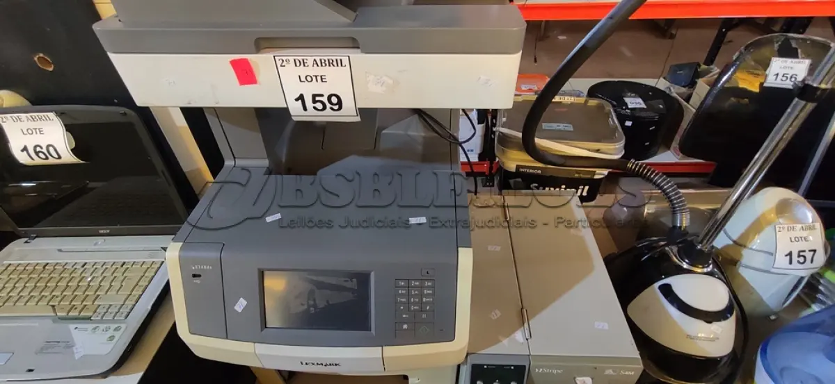 LOTE 159 - 01 IMPRESSORA MULTIFUNCIONAL MODELO X748TL MARCA LEXMARK E 01 IMPRESSORA DE ETIQUETAS ZEBRA S4M. (NO ESTADO) ATENÇÃO! FAZER A VISITAÇÃO ANTES DE ARREMATAR, NÃO SABEMOS SE FUNCIONA. LEILÃO NÃO TEM GARANTIA E NEM DEVOLUÇÃO, SUJEITO A POSSÍVEIS AVARIAS VISÍVEIS/OCULTAS E/OU AUSÊNCIA DE COMPONENTES.