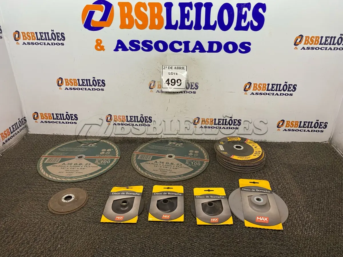 LOTE 499 - 01 LOTE COM DISCOS DE BORRACHA, DISCOS FLAP E DISCO DE DESCARTE. (NO ESTADO) ATENÇÃO! FAZER A VISITAÇÃO ANTES DE ARREMATAR, NÃO SABEMOS SE FUNCIONA. LEILÃO NÃO TEM GARANTIA E NEM DEVOLUÇÃO, SUJEITO A POSSÍVEIS AVARIAS VISÍVEIS/OCULTAS E/OU AUSÊNCIA DE COMPONENTES.