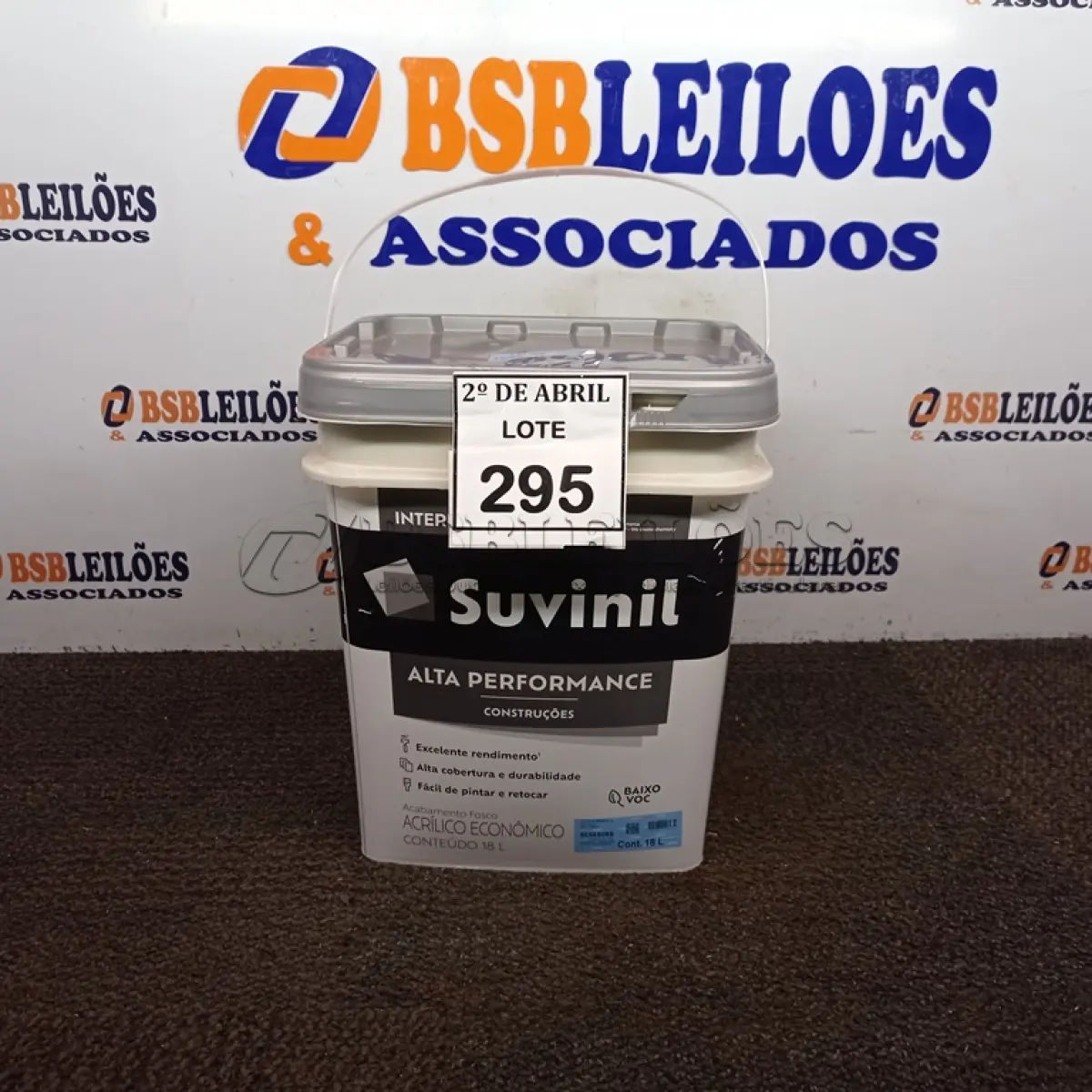 LOTE 295 - 01 GALÃO DE TINTA SUVINIL DE 18L PARA INTERIORES ACABAMENTO FOSCO BRANCO. (NOVO) (NO ESTADO) ATENÇÃO! FAZER A VISITAÇÃO ANTES DE ARREMATAR, NÃO SABEMOS SE FUNCIONA. LEILÃO NÃO TEM GARANTIA E NEM DEVOLUÇÃO, SUJEITO A POSSÍVEIS AVARIAS VISÍVEIS/OCULTAS E/OU AUSÊNCIA DE COMPONENTES.