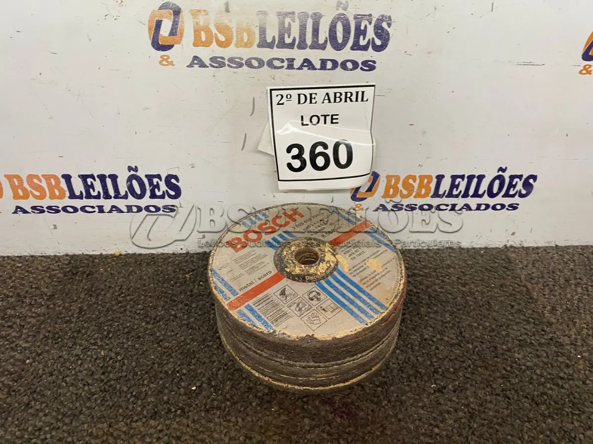 LOTE 360 - 10 DISCOS DE DESBASTE P/LIXADEIRA. (NO ESTADO) ATENÇÃO! FAZER A VISITAÇÃO ANTES DE ARREMATAR, NÃO SABEMOS SE FUNCIONA. LEILÃO NÃO TEM GARANTIA E NEM DEVOLUÇÃO, SUJEITO A POSSÍVEIS AVARIAS VISÍVEIS/OCULTAS E/OU AUSÊNCIA DE COMPONENTES.