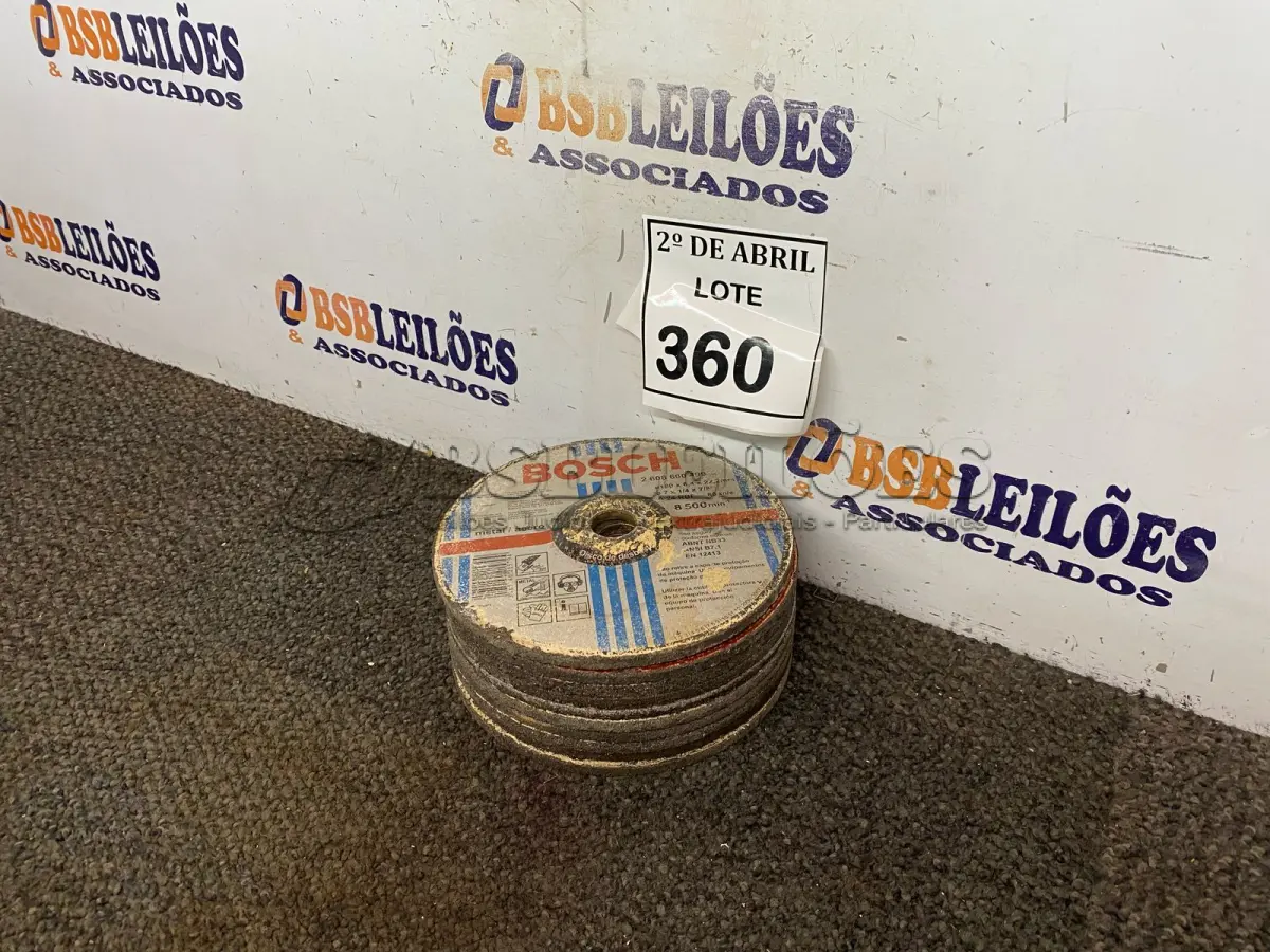 LOTE 360 - 10 DISCOS DE DESBASTE P/LIXADEIRA. (NO ESTADO) ATENÇÃO! FAZER A VISITAÇÃO ANTES DE ARREMATAR, NÃO SABEMOS SE FUNCIONA. LEILÃO NÃO TEM GARANTIA E NEM DEVOLUÇÃO, SUJEITO A POSSÍVEIS AVARIAS VISÍVEIS/OCULTAS E/OU AUSÊNCIA DE COMPONENTES.