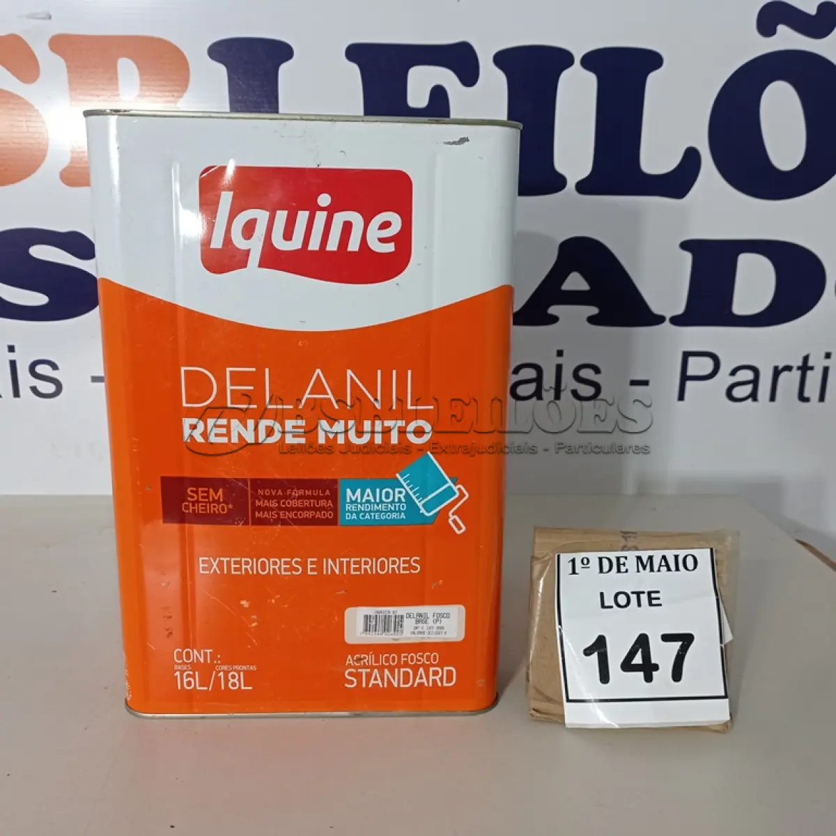 LOTE 147 - 01 LATA DE TINTA EXTERIOR/INTERIOR DE 16/18L DELANIL FOSCO MARCA IQUINE. (NOVO) (NO ESTADO) ATENÇÃO! FAZER A VISITAÇÃO ANTES DE ARREMATAR, NÃO SABEMOS SE FUNCIONA. LEILÃO NÃO TEM GARANTIA E NEM DEVOLUÇÃO, SUJEITO A POSSÍVEIS AVARIAS VISÍVEIS/OCULTAS E/OU AUSÊNCIA DE COMPONENTES.