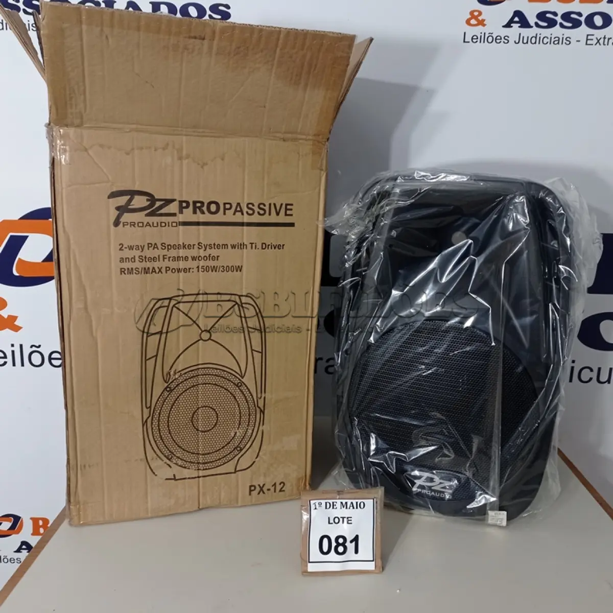 LOTE 081 - 01 CAIXA DE SOM PZPROPASSIVE PX-12. (NO ESTADO) ATENÇÃO! FAZER A VISITAÇÃO ANTES DE ARREMATAR, NÃO SABEMOS SE FUNCIONA. LEILÃO NÃO TEM GARANTIA E NEM DEVOLUÇÃO, SUJEITO A POSSÍVEIS AVARIAS VISÍVEIS/OCULTAS E/OU AUSÊNCIA DE COMPONENTES.