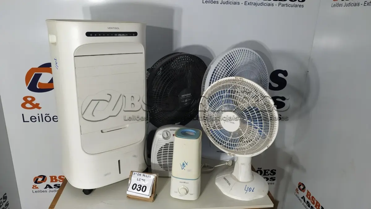 LOTE 030 - 03 VENTILADORES, 01 AQUECEDOR E 01 UMIDIFICADOR. (NO ESTADO) ATENÇÃO! FAZER A VISITAÇÃO ANTES DE ARREMATAR, NÃO SABEMOS SE FUNCIONA. LEILÃO NÃO TEM GARANTIA E NEM DEVOLUÇÃO, SUJEITO A POSSÍVEIS AVARIAS VISÍVEIS/OCULTAS E/OU AUSÊNCIA DE COMPONENTES.