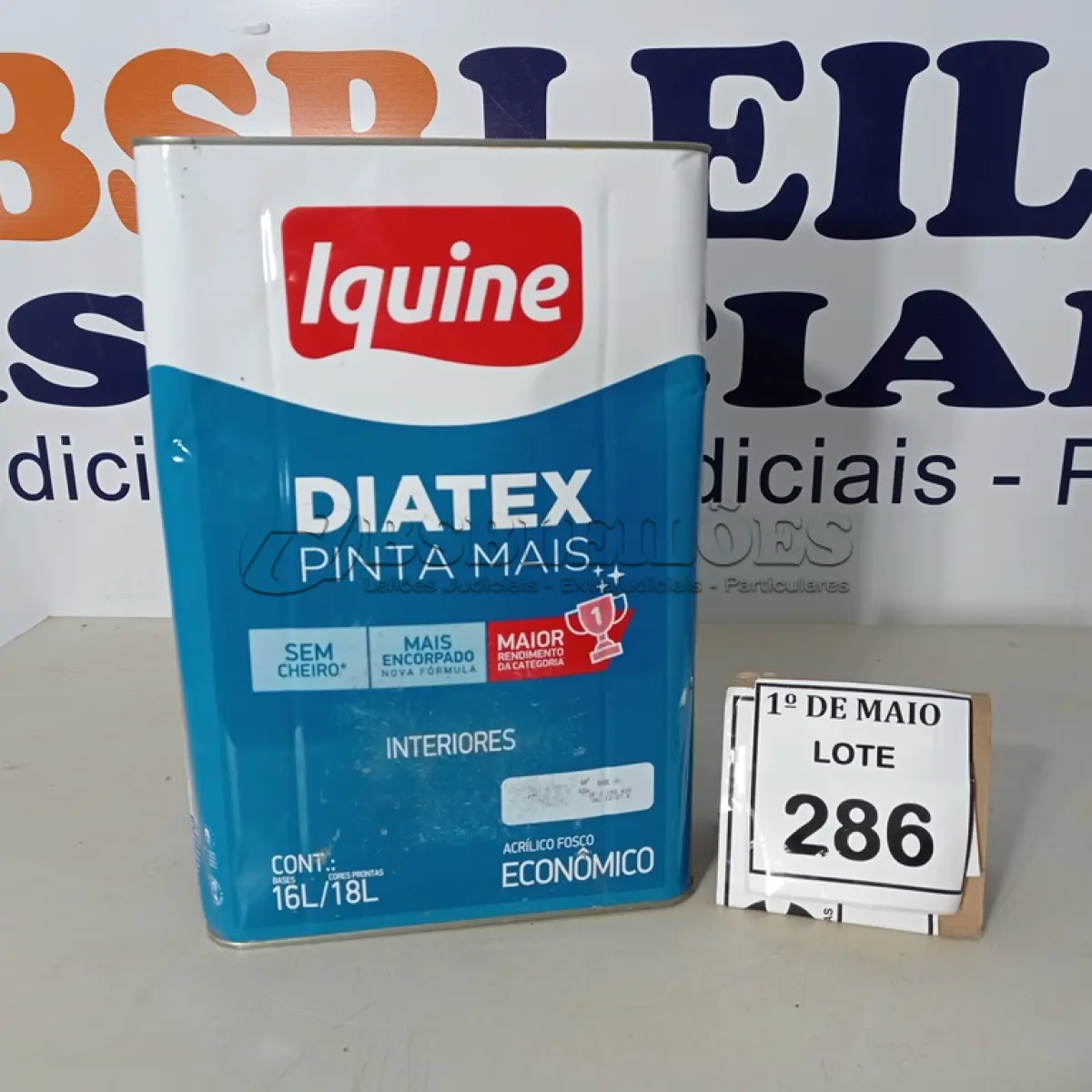 LOTE 286 - 01 LATA DE TINTA PARA INTERIORES IQUINE DIATEX BASE P ACRÍLICO FOSCO 18 L. (NOVO) (NO ESTADO) ATENÇÃO! FAZER A VISITAÇÃO ANTES DE ARREMATAR, NÃO SABEMOS SE FUNCIONA. LEILÃO NÃO TEM GARANTIA E NEM DEVOLUÇÃO, SUJEITO A POSSÍVEIS AVARIAS VISÍVEIS/OCULTAS E/OU AUSÊNCIA DE COMPONENTES.