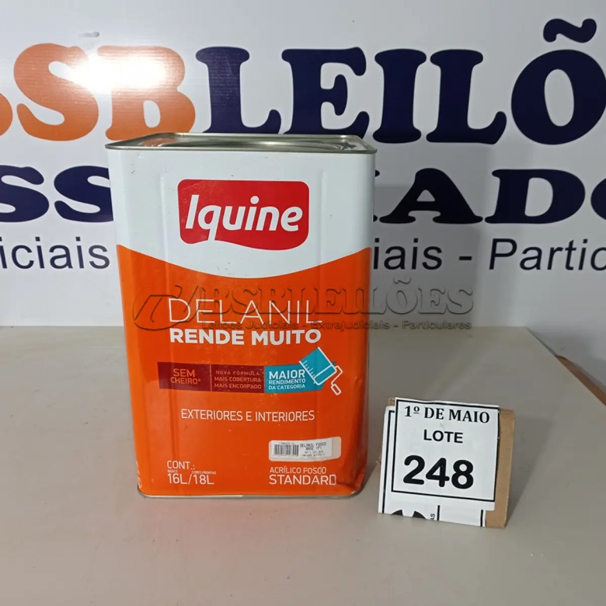 LOTE 248 - 01 LATA DE TINTA EXTERIOR/INTERIOR DE 16/18L DELANIL FOSCO BASE P MARCA IQUINE. (NOVO) (NO ESTADO) ATENÇÃO! FAZER A VISITAÇÃO ANTES DE ARREMATAR, NÃO SABEMOS SE FUNCIONA. LEILÃO NÃO TEM GARANTIA E NEM DEVOLUÇÃO, SUJEITO A POSSÍVEIS AVARIAS VISÍVEIS/OCULTAS E/OU AUSÊNCIA DE COMPONENTES.