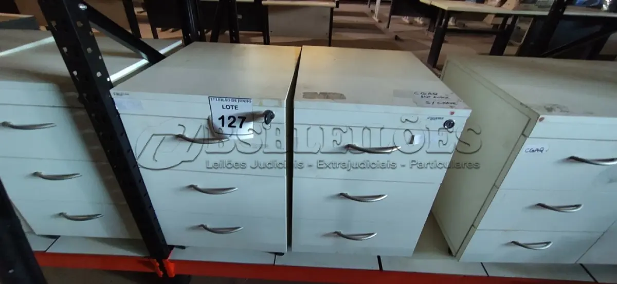 LOTE 127 - 02 GAVETEIROS DE ESCRITÓRIO COM 03 GAVETAS CADA. (NO ESTADO) ATENÇÃO! FAZER A VISITAÇÃO ANTES DE ARREMATAR, NÃO SABEMOS SE FUNCIONA, LEILÃO NÃO TEM GARANTIA E NEM DEVOLUÇÃO, SUJEITO A POSSÍVEIS AVARIAS VISÍVEIS/OCULTAS E/OU AUSÊNCIA DE COMPONENTES.