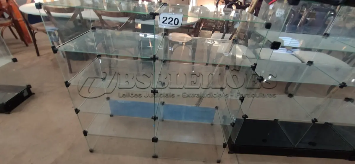 LOTE 220 - 01 VITRINE EXPOSITORA DE VIDRO. (NO ESTADO) ATENÇÃO! FAZER A VISITAÇÃO ANTES DE ARREMATAR, NÃO SABEMOS SE FUNCIONA, LEILÃO NÃO TEM GARANTIA E NEM DEVOLUÇÃO, SUJEITO A POSSÍVEIS AVARIAS VISÍVEIS/OCULTAS E/OU AUSÊNCIA DE COMPONENTES.