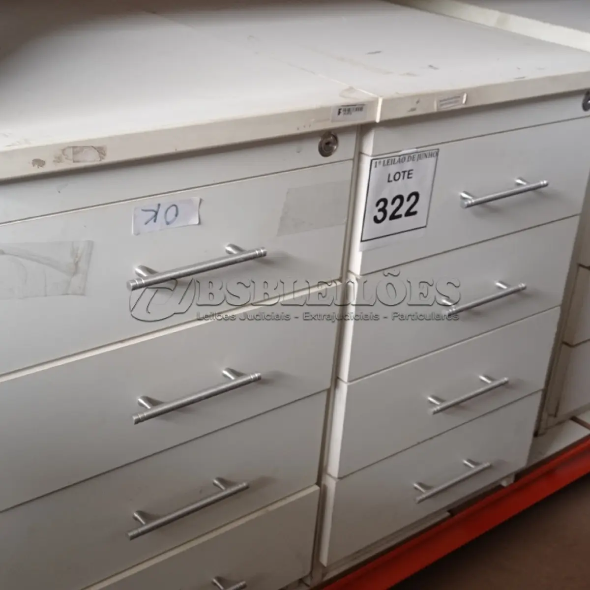 LOTE 322 - 02 GAVETEIROS COM 04 GAVETAS CADA. (NO ESTADO) ATENÇÃO! FAZER A VISITAÇÃO ANTES DE ARREMATAR, NÃO SABEMOS SE FUNCIONA, LEILÃO NÃO TEM GARANTIA E NEM DEVOLUÇÃO, SUJEITO A POSSÍVEIS AVARIAS VISÍVEIS/OCULTAS E/OU AUSÊNCIA DE COMPONENTES.
