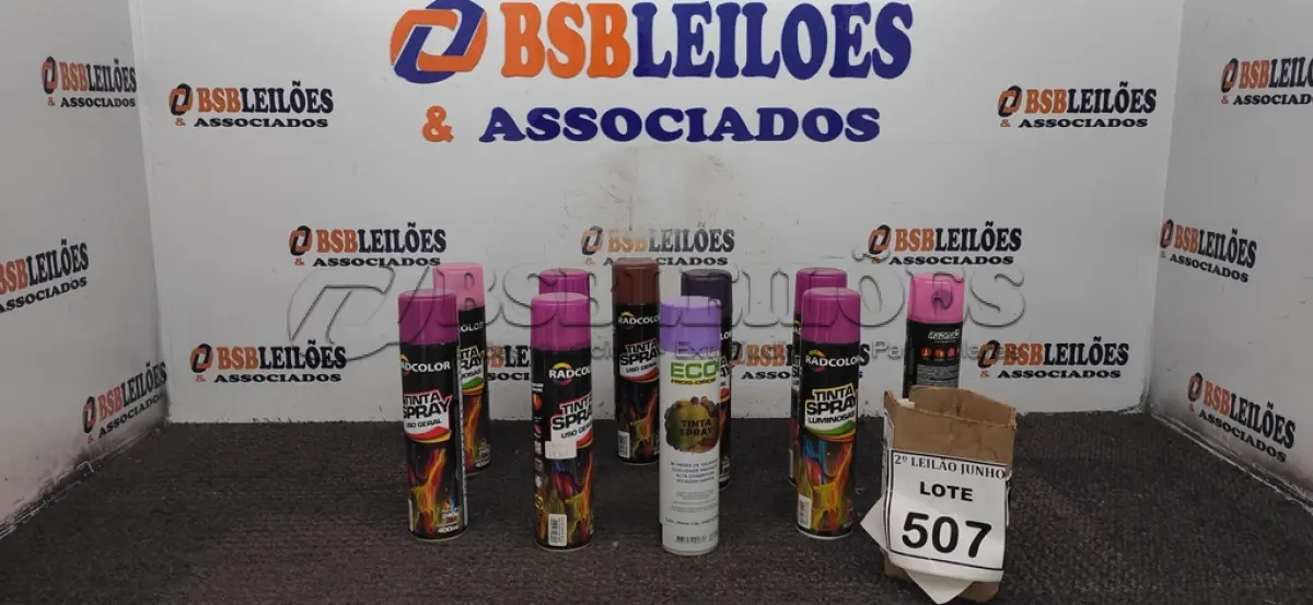 LOTE 507 - 10 TINTAS SPRAY DE CORES DIVERSAS. (NO ESTADO) ATENÇÃO! FAZER A VISITAÇÃO ANTES DE ARREMATAR, NÃO SABEMOS SE FUNCIONA, LEILÃO NÃO TEM GARANTIA E NEM DEVOLUÇÃO, SUJEITO A POSSÍVEIS AVARIAS VISÍVEIS/OCULTAS E/OU AUSÊNCIA DE COMPONENTES.