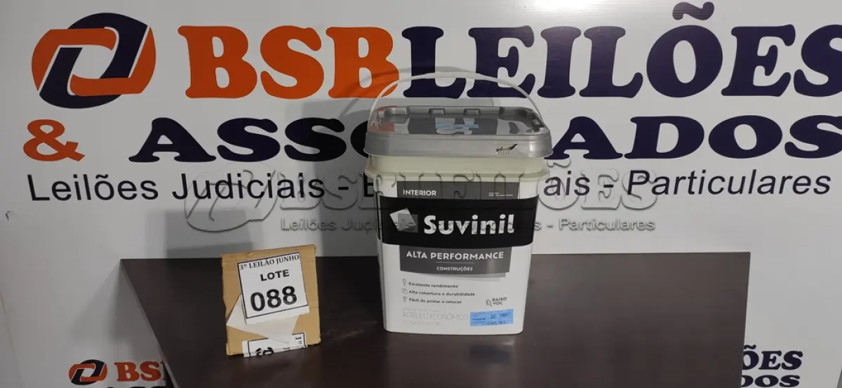LOTE 088 - 01 GALÃO DE TINTA SUVINIL DE 18L PARA INTERIORES ACABAMENTO FOSCO BRANCO. (NOVO) (NO ESTADO) ATENÇÃO! FAZER A VISITAÇÃO ANTES DE ARREMATAR, NÃO SABEMOS SE FUNCIONA. LEILÃO NÃO TEM GARANTIA E NEM DEVOLUÇÃO, SUJEITO A POSSÍVEIS AVARIAS VISÍVEIS/OCULTAS E/OU AUSÊNCIA DE COMPONENTES.
