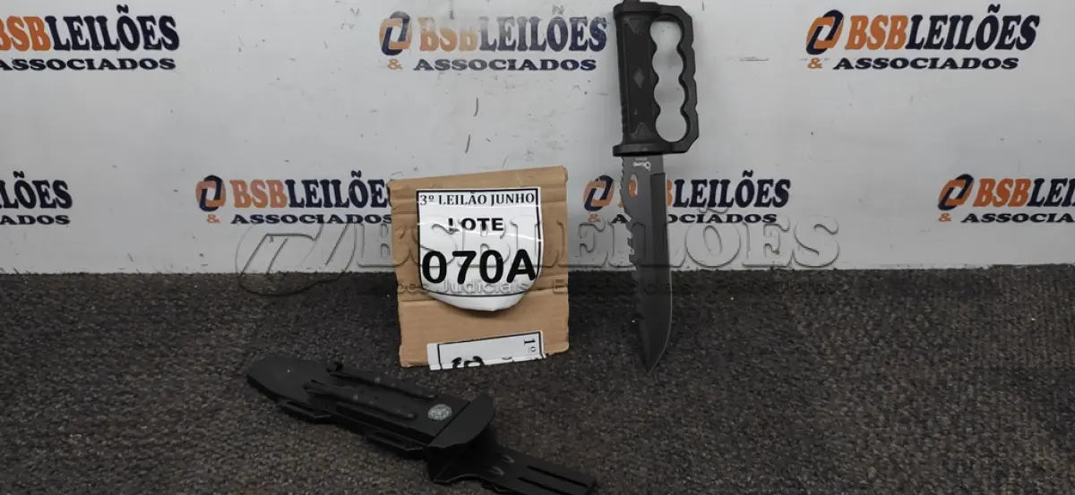 LOTE 070 - FACA IMPORTADA AÇO INOXIDÁVEL CABO  SOCO INGLÊS EM POLÍMERO    BAINHA EM POLÍMERO COM AMOLADOR E PEDERNEIRA  TAMANHO TOTAL 31CM PESO 244G JÁ AFIADA. (NO ESTADO) ATENÇÃO! FAZER A VISITAÇÃO ANTES DE ARREMATAR, NÃO SABEMOS SE FUNCIONA, LEILÃO NÃO TEM GARANTIA E NEM DEVOLUÇÃO, SUJEITO A POSSÍVEIS AVARIAS VISÍVEIS/OCULTAS E/OU AUSÊNCIA DE COMPONENTES.  
