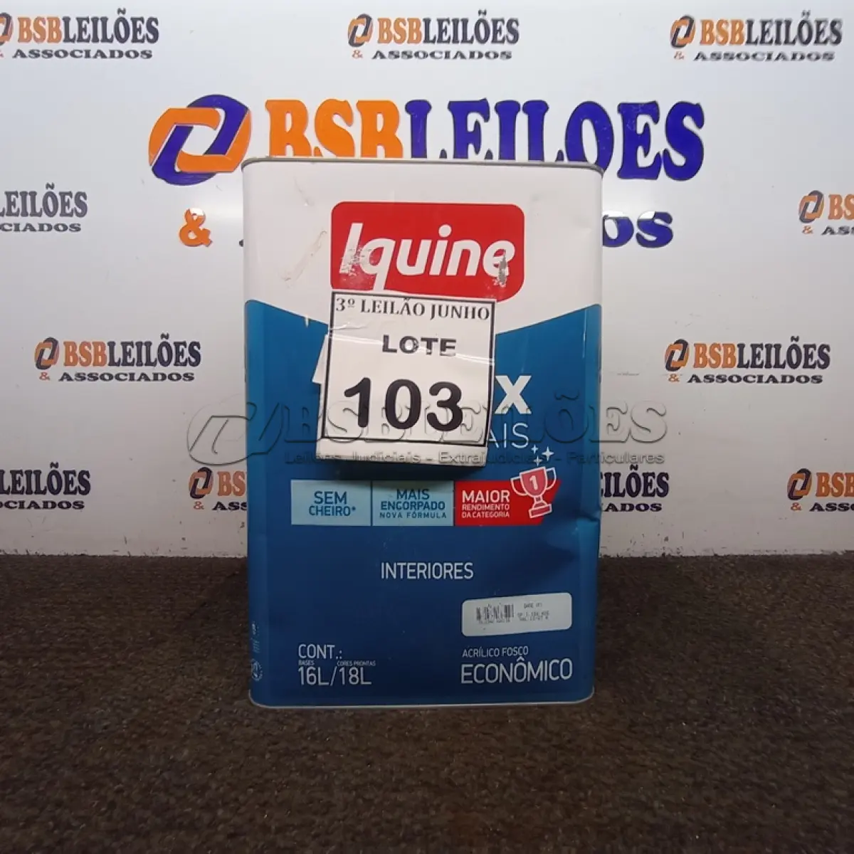 LOTE 103 - 01 LATA DE TINTA 16L/ 18L INTERIORES/EXTERIORES ACRÍLICO FOSCO IQUINE BASE P. (NOVO) (NO ESTADO) ATENÇÃO! FAZER A VISITAÇÃO ANTES DE ARREMATAR, NÃO SABEMOS SE FUNCIONA. LEILÃO NÃO TEM GARANTIA E NEM DEVOLUÇÃO, SUJEITO A POSSÍVEIS AVARIAS VISÍVEIS/OCULTAS E/OU AUSÊNCIA DE COMPONENTES.
