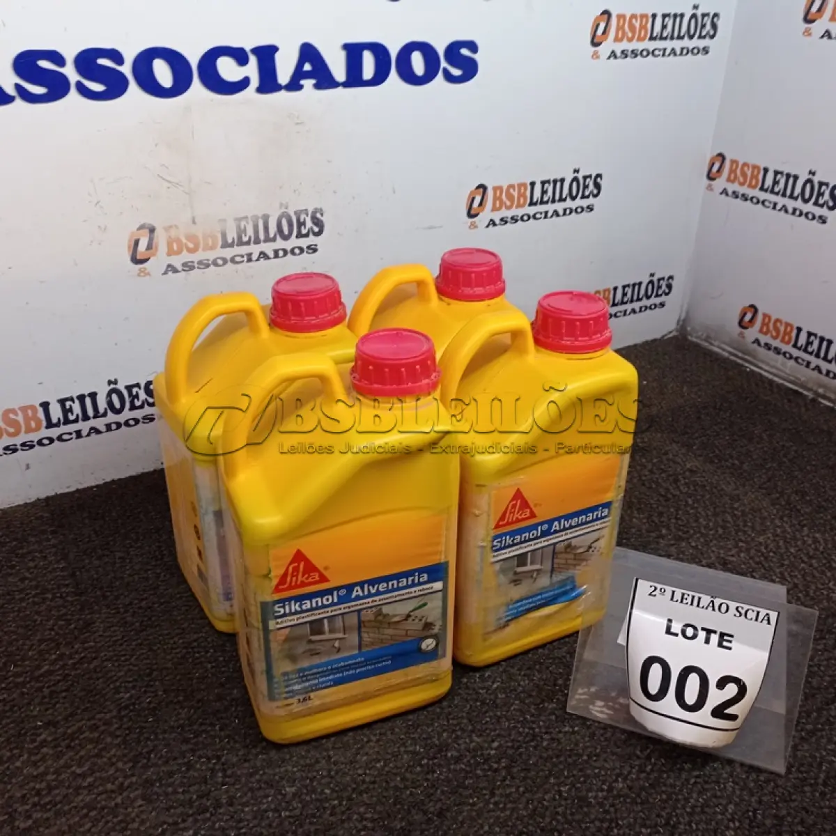 LOTE 002 - 04 ADITIVOS PLASTIFICANTE PARA ARGAMASSA DE ASSENTAMENTO E REBOCO COM 3,6L MARCA SIKA.  (NO ESTADO) ATENÇÃO! FAZER A VISITAÇÃO ANTES DE ARREMATAR, NÃO SABEMOS SE FUNCIONA. LEILÃO NÃO TEM GARANTIA E NEM DEVOLUÇÃO, SUJEITO A POSSÍVEIS AVARIAS VISÍVEIS/OCULTAS E/OU AUSÊNCIA DE COMPONENTES.