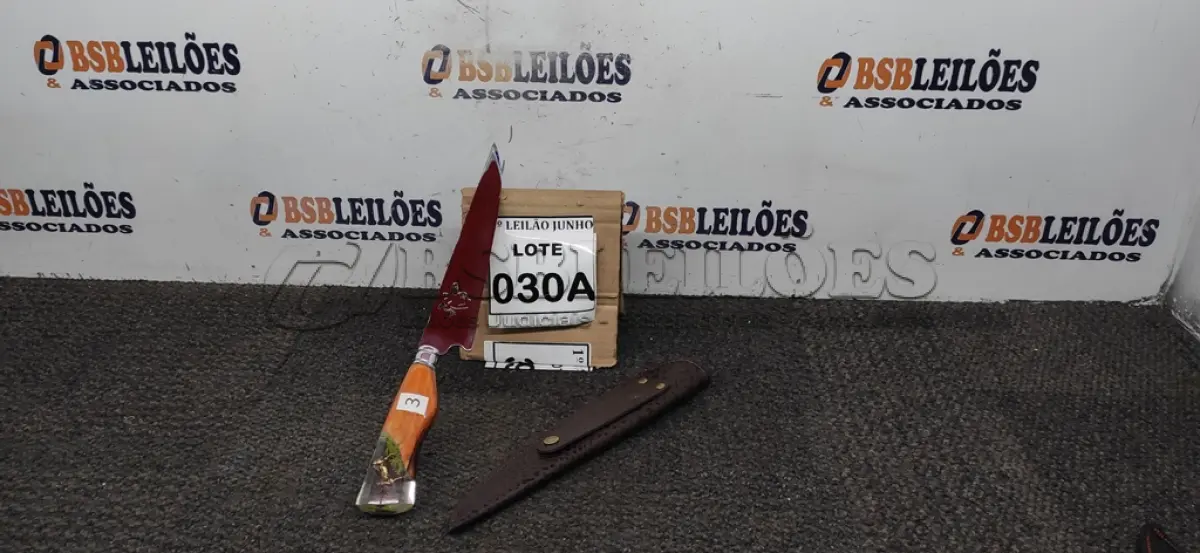 LOTE 030 - FACA ARTESANAL  AÇO INOX CABO HIBRIDO  MADEIRA E RESINA  BAINHA DE COURO LEGITIMO TAMANHO TOTAL 35,5CM 9 POLEGADAS PESO 236G JÁ AFIADA. (NO ESTADO) ATENÇÃO! FAZER A VISITAÇÃO ANTES DE ARREMATAR, NÃO SABEMOS SE FUNCIONA, LEILÃO NÃO TEM GARANTIA E NEM DEVOLUÇÃO, SUJEITO A POSSÍVEIS AVARIAS VISÍVEIS/OCULTAS E/OU AUSÊNCIA DE COMPONENTES.  