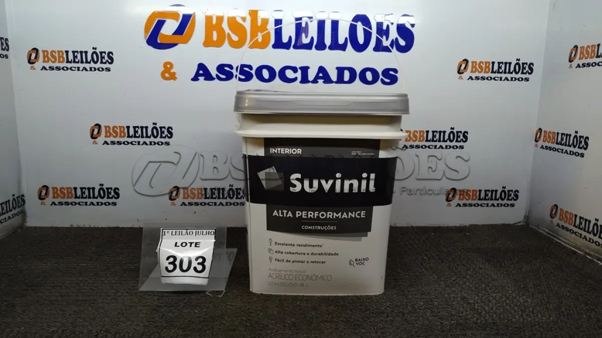 LOTE 303 - 01 BALDE DE TINTA SUVINIL INTERIORES FOSCOS 18L NA COR FOSCO BRANCO. VENCIMENTO 10/2027 (NOVO) (NO ESTADO) ATENÇÃO! FAZER A VISITAÇÃO ANTES DE ARREMATAR, NÃO SABEMOS SE FUNCIONA. LEILÃO NÃO TEM GARANTIA E NEM DEVOLUÇÃO, SUJEITO A POSSÍVEIS AVARIAS VISÍVEIS/OCULTAS E/OU AUSÊNCIA DE COMPONENTES.