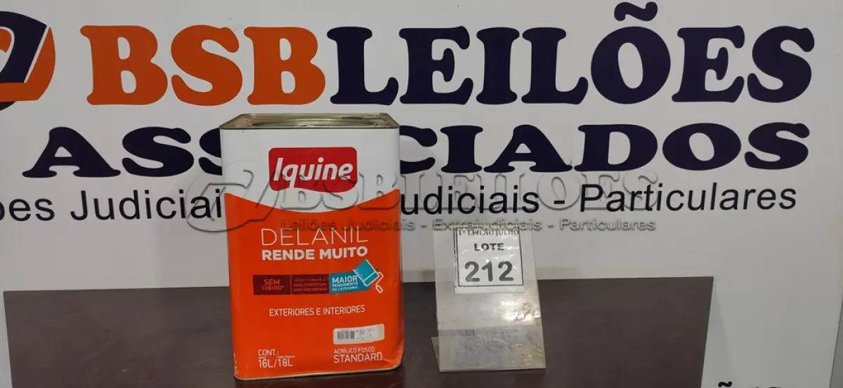 LOTE 212 - 01 LATA DE TINTA EXTERIOR/INTERIOR DE 16/18L DELANIL FOSCO BASE P MARCA IQUINE. (NOVO) (NO ESTADO) ATENÇÃO! FAZER A VISITAÇÃO ANTES DE ARREMATAR, NÃO SABEMOS SE FUNCIONA. LEILÃO NÃO TEM GARANTIA E NEM DEVOLUÇÃO, SUJEITO A POSSÍVEIS AVARIAS VISÍVEIS/OCULTAS E/OU AUSÊNCIA DE COMPONENTES.