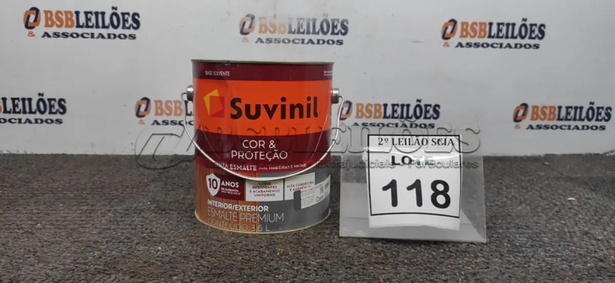 LOTE 118 - 01 LATA DE TINTA ESMALTE PARA MADEIRAS E METAIS NA COR BRILHANTE CINZA ESCURO DE 3,6L MARCA SUVINIL. (NOVO) (NO ESTADO) ATENÇÃO! FAZER A VISITAÇÃO ANTES DE ARREMATAR, NÃO SABEMOS SE FUNCIONA. LEILÃO NÃO TEM GARANTIA E NEM DEVOLUÇÃO, SUJEITO A POSSÍVEIS AVARIAS VISÍVEIS/OCULTAS E/OU AUSÊNCIA DE COMPONENTES.