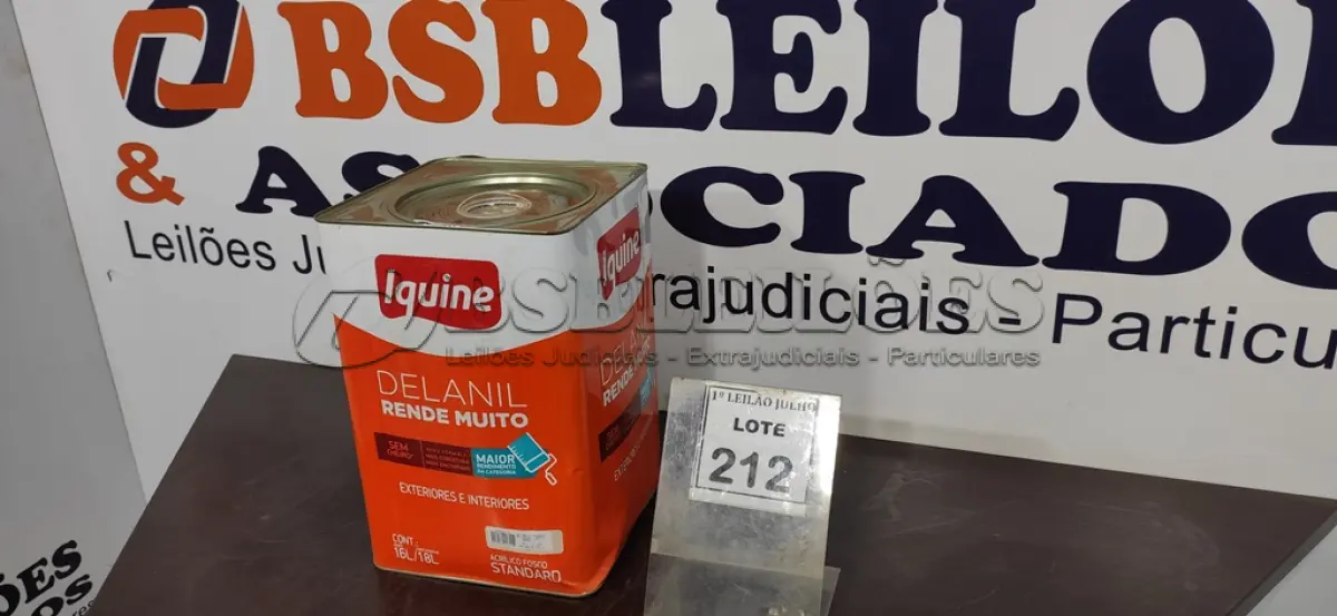 LOTE 212 - 01 LATA DE TINTA EXTERIOR/INTERIOR DE 16/18L DELANIL FOSCO BASE P MARCA IQUINE. (NOVO) (NO ESTADO) ATENÇÃO! FAZER A VISITAÇÃO ANTES DE ARREMATAR, NÃO SABEMOS SE FUNCIONA. LEILÃO NÃO TEM GARANTIA E NEM DEVOLUÇÃO, SUJEITO A POSSÍVEIS AVARIAS VISÍVEIS/OCULTAS E/OU AUSÊNCIA DE COMPONENTES.