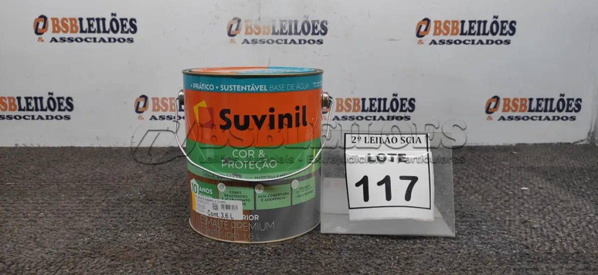 LOTE 117 - 01 LATA DE TINTA ESMALTE PARA MADEIRAS E METAIS NA COR BRILHANTE AMARELO OURO DE 3,6L MARCA SUVINIL. (NOVO) (NO ESTADO) ATENÇÃO! FAZER A VISITAÇÃO ANTES DE ARREMATAR, NÃO SABEMOS SE FUNCIONA. LEILÃO NÃO TEM GARANTIA E NEM DEVOLUÇÃO, SUJEITO A POSSÍVEIS AVARIAS VISÍVEIS/OCULTAS E/OU AUSÊNCIA DE COMPONENTES.