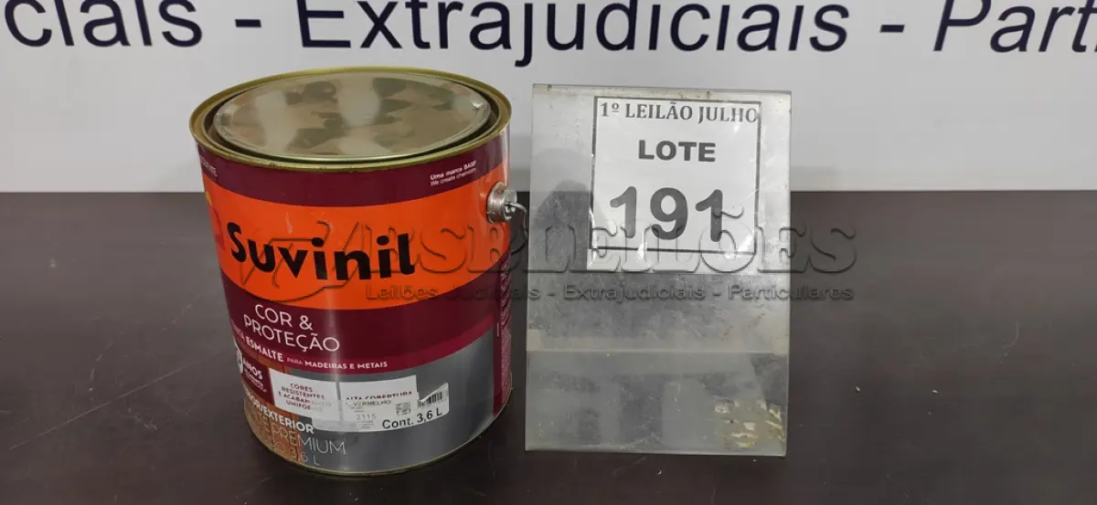 LOTE 191 - 01 LATA DE TINTA ESMALTE PARA MADEIRA E METAIS SUVINIL VERMELHO 3,6L. (NO ESTADO) ATENÇÃO! FAZER A VISITAÇÃO ANTES DE ARREMATAR, NÃO SABEMOS SE FUNCIONA. LEILÃO NÃO TEM GARANTIA E NEM DEVOLUÇÃO, SUJEITO A POSSÍVEIS AVARIAS VISÍVEIS/OCULTAS E/OU AUSÊNCIA DE COMPONENTES.