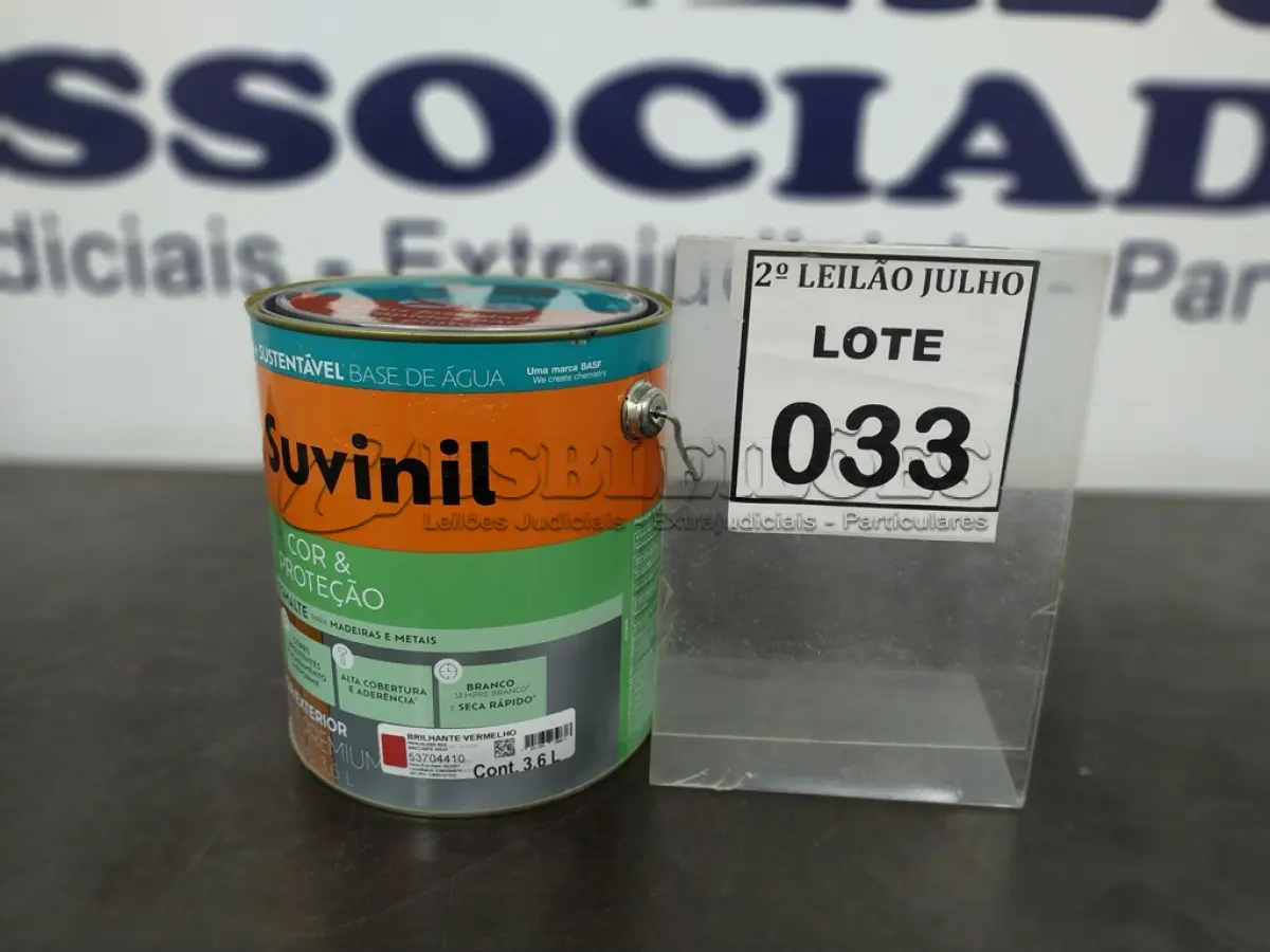 LOTE 033 - 01 LATA DE TINTA ESMALTE DE 3,6L NA COR BRILHANTE VERMELHO MARCA SUVINIL. (NO ESTADO) ATENÇÃO! FAZER A VISITAÇÃO ANTES DE ARREMATAR, NÃO SABEMOS SE FUNCIONA. LEILÃO NÃO TEM GARANTIA E NEM DEVOLUÇÃO, SUJEITO A POSSÍVEIS AVARIAS VISÍVEIS/OCULTAS E/OU AUSÊNCIA DE COMPONENTES.