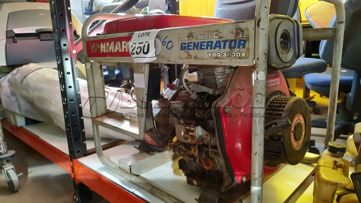 LOTE 250 - 01 GERADOR YDG 3700E A DIESEL MARCA YANMAR. (NO ESTADO) ATENÇÃO! FAZER A VISITAÇÃO ANTES DE ARREMATAR, NÃO SABEMOS SE FUNCIONA. LEILÃO NÃO TEM GARANTIA E NEM DEVOLUÇÃO, SUJEITO A POSSÍVEIS AVARIAS VISÍVEIS/OCULTAS E/OU AUSÊNCIA DE COMPONENTES.