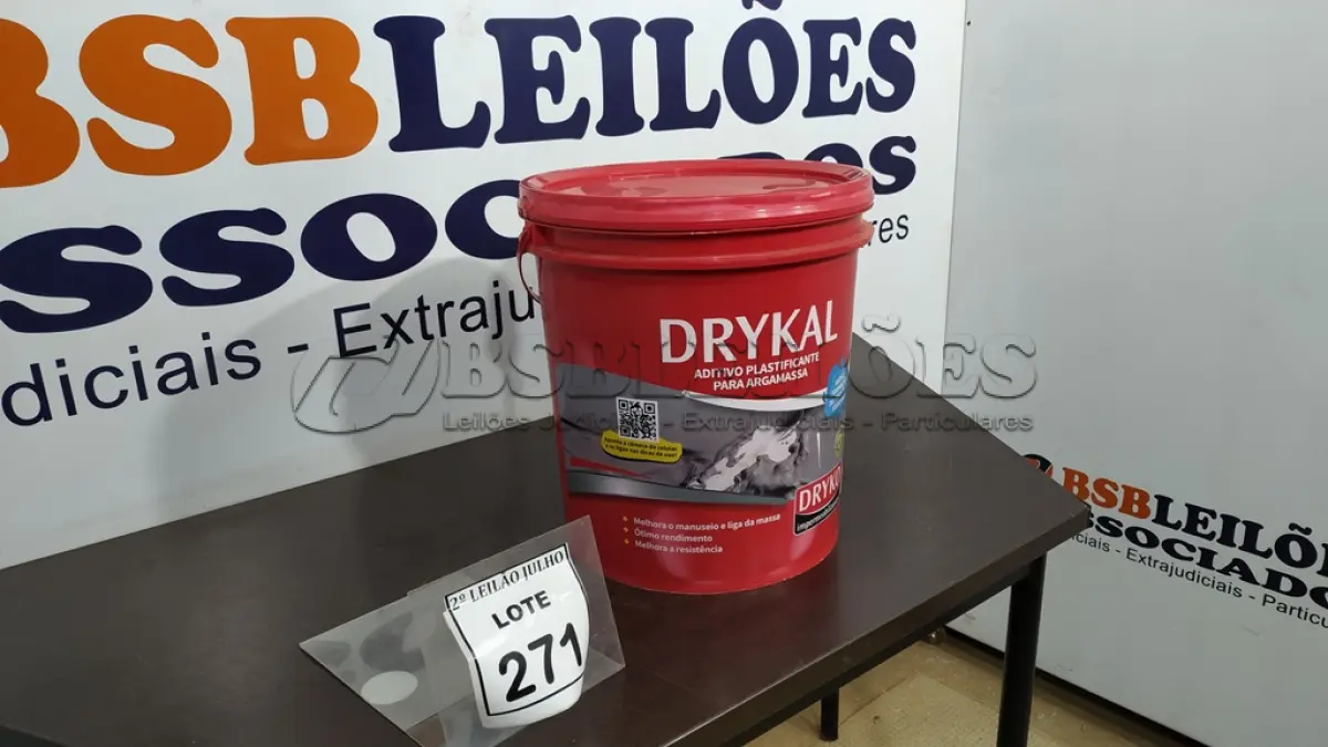 LOTE 271 - 01 GALÃO DE 18L DE ADITIVO PLASTIFICANTE PARA ARGAMASSA MARCA DRYKAL. (NOVO) (NO ESTADO) ATENÇÃO! FAZER A VISITAÇÃO ANTES DE ARREMATAR, NÃO SABEMOS SE FUNCIONA. LEILÃO NÃO TEM GARANTIA E NEM DEVOLUÇÃO, SUJEITO A POSSÍVEIS AVARIAS VISÍVEIS/OCULTAS E/OU AUSÊNCIA DE COMPONENTES.