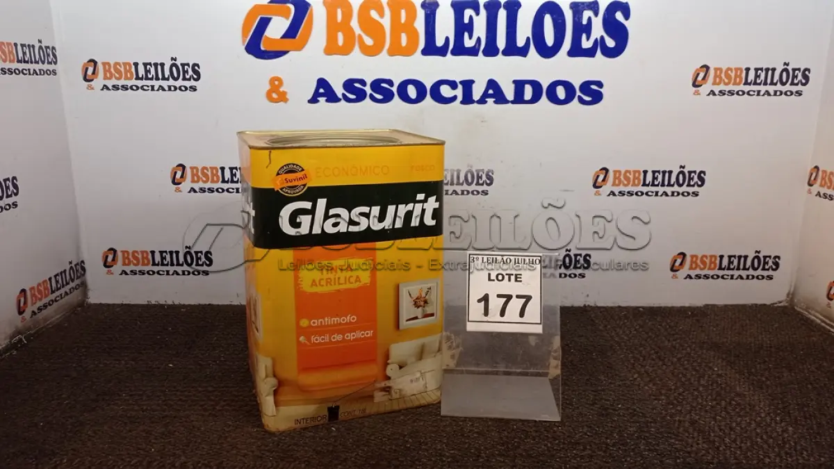 LOTE 177 - 01 LATA DE TINTA ACRÍLICA 18L NA COR FOSCO PALHA MARCA GLASURIT. (NO ESTADO) ATENÇÃO! FAZER A VISITAÇÃO ANTES DE ARREMATAR, NÃO SABEMOS SE FUNCIONA, LEILÃO NÃO TEM GARANTIA E NEM DEVOLUÇÃO, SUJEITO A POSSÍVEIS AVARIAS VISÍVEIS/OCULTAS E/OU AUSÊNCIA DE COMPONENTES.