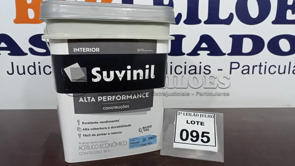 LOTE 095 - 01 BALDE DE TINTA SUVINIL INTERIORES FOSCOS 18L NA COR FOSCO BRANCO. VENCIMENTO 10/2027 (NOVO) (NO ESTADO) ATENÇÃO! FAZER A VISITAÇÃO ANTES DE ARREMATAR, NÃO SABEMOS SE FUNCIONA. LEILÃO NÃO TEM GARANTIA E NEM DEVOLUÇÃO, SUJEITO A POSSÍVEIS AVARIAS VISÍVEIS/OCULTAS E/OU AUSÊNCIA DE COMPONENTES.