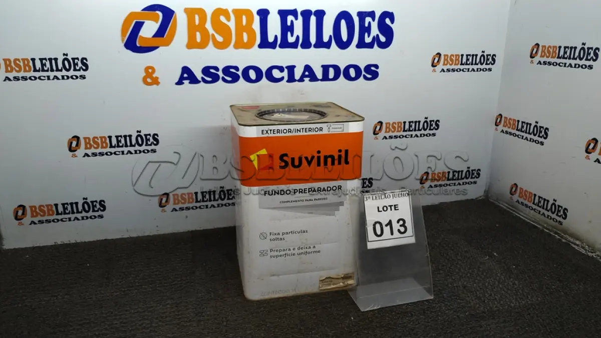 LOTE 013 - 01 LATA DE FUNDO PREPARADOR INTERIOR/EXTERIOR 18L MARCA SUVINIL. (NO ESTADO) ATENÇÃO! FAZER A VISITAÇÃO ANTES DE ARREMATAR, NÃO SABEMOS SE FUNCIONA, LEILÃO NÃO TEM GARANTIA E NEM DEVOLUÇÃO, SUJEITO A POSSÍVEIS AVARIAS VISÍVEIS/OCULTAS E/OU AUSÊNCIA DE COMPONENTES.